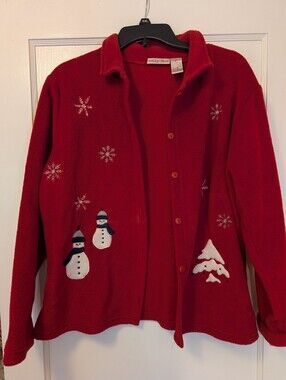 Nick & Sarah Red Fleece Christmas Cardigan Women’s M Snowman Snowflake Winter